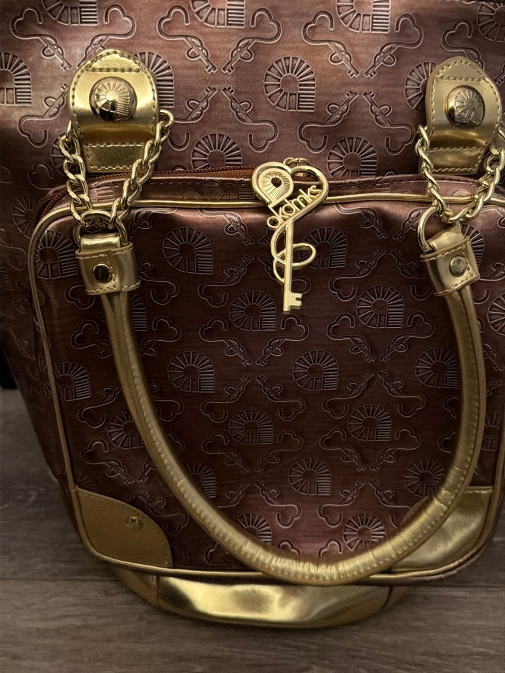 Akdmks Brown & Gold Embossed Tote Shoulder Bag Key Charm Purse